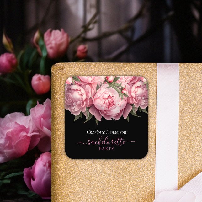 Sticker Carré Fête de Bachelorette Noire aux Pivoines Roses (Pink Peonies Watercolor Black Bachelorette Party Square Sticker)