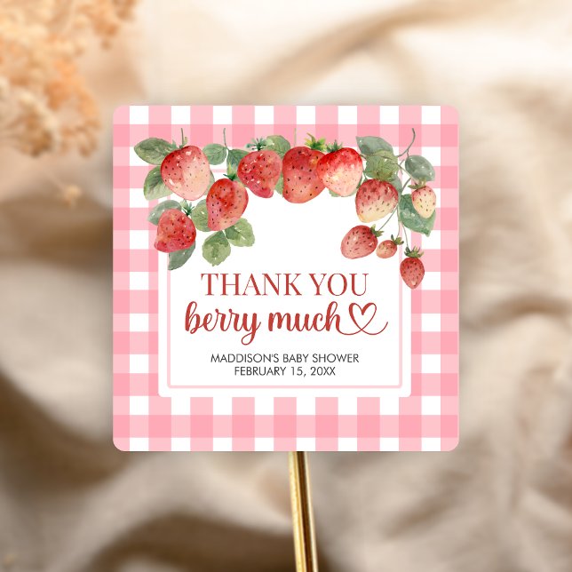 Sticker Carré Fête de Bébé aux Fraises Douces (Strawberry Baby Shower Sticker)