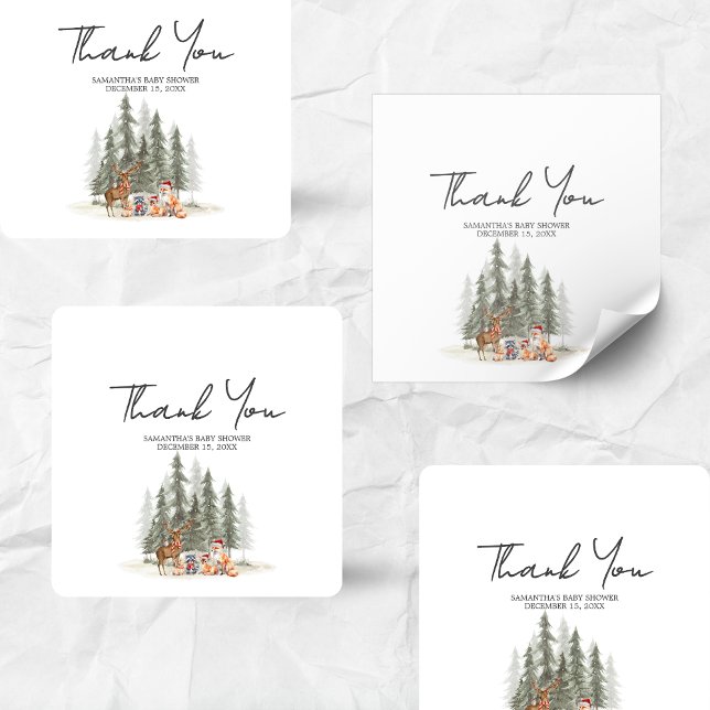 Sticker Carré Fête de bébé aventure début forêt hivernale  (Adventure Awaits Baby Shower Sticker)