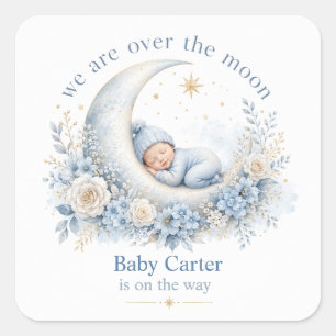Sticker Carré Fête de bébé bleu Outre-Moon avec nom personnalisé