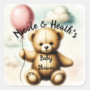 Sticker Carré Fête de bébé en forme de nounours rose