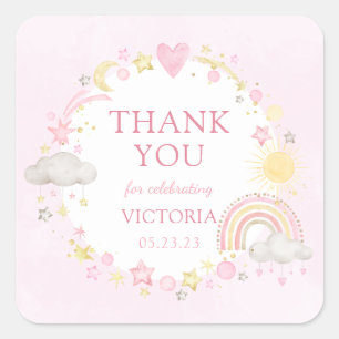 Sticker Carré Fête de Bébé Fille Aquarelle Arc-en-Ciel