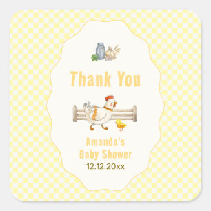 Sticker Carré Fête de bébé « Jaune Gingham Farm Fresh Chicks »