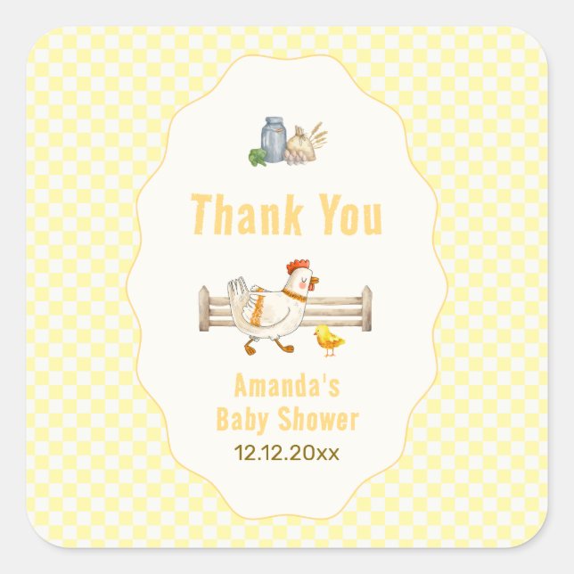 Sticker Carré Fête de bébé « Jaune Gingham Farm Fresh Chicks »  (Devant)