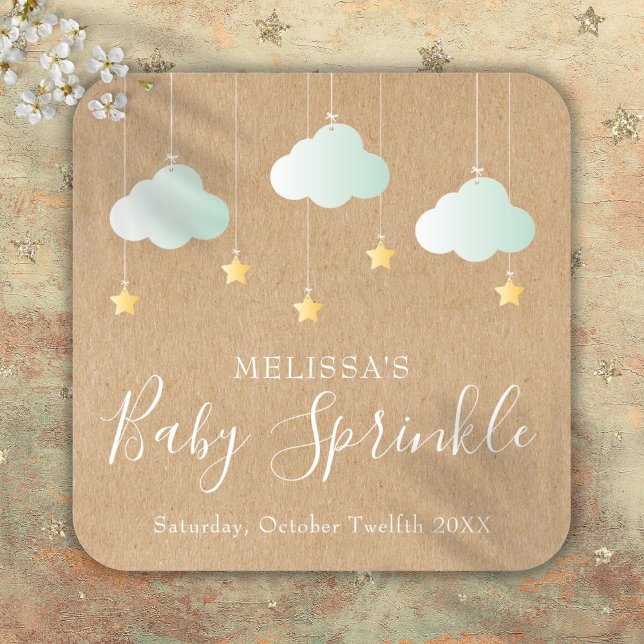 Sticker Carré Fête de Bébé Paillettes Kraft Rustique (Rustic Kraft Twinkle Sprinkle Baby Shower Square Sticker)