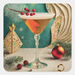 Sticker Carré Fête de cocktail de Noël du milieu du siècle Happy