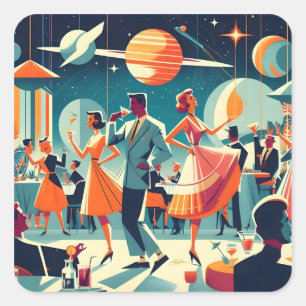 Sticker Carré Fête de Cocktail d'Ère Spatiale Milieu de Siècle