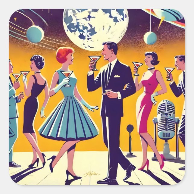 Sticker Carré Fête de cocktail d'ère spatiale milieu du siècle 6 (Devant)