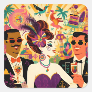 Sticker Carré Fête de Cocktail Mardi Gras du Milieu du Siècle
