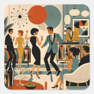 Sticker Carré Fête de danse martini branchée milieu du siècle mo