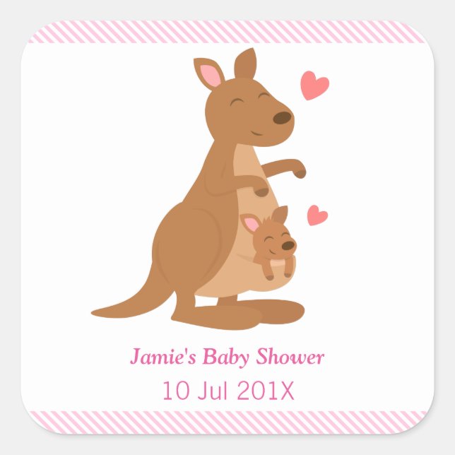 Sticker Carré Fête de douche de bébé kangourou mignonne (Devant)