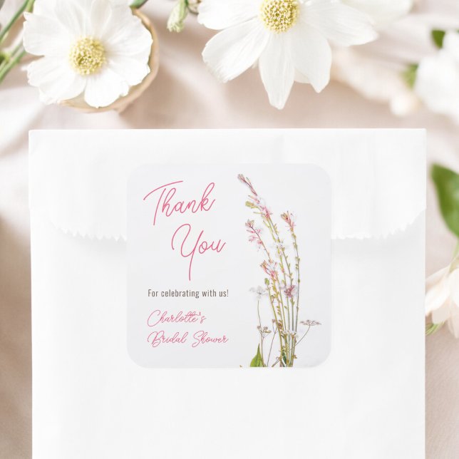 Sticker Carré Fête de douche de mariée sauvage bohème moderne me (Modern boho wildflowers thank you bridal shower square sticker)