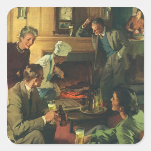 Sticker Carré Fête de famille vintage, cuisson de steaks et bois