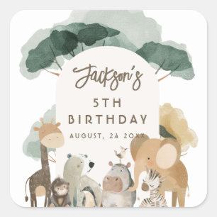 Sticker Carré Fête de l'aquarelle Animaux Photo Fête d'anniversa