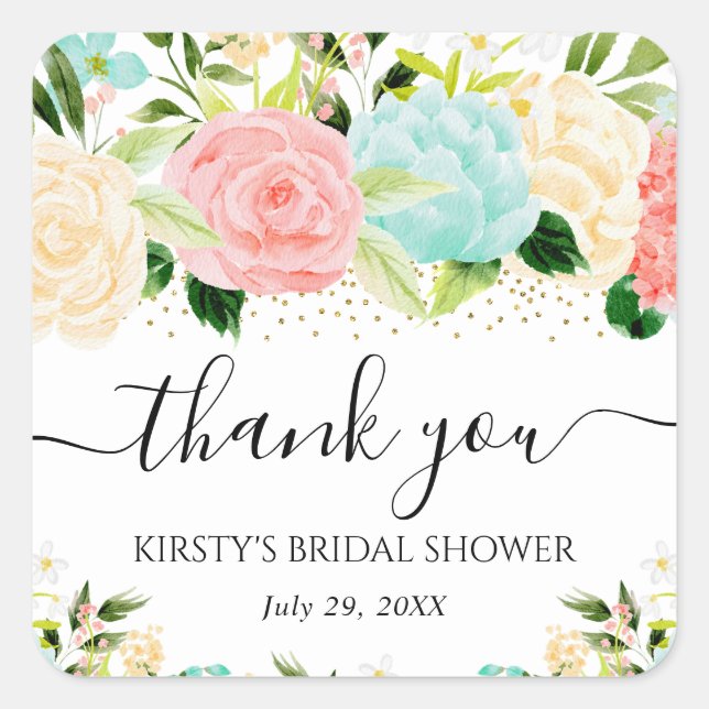 Sticker Carré Fête de mariage avec fleurs rose et menthe à l'aqu (Devant)