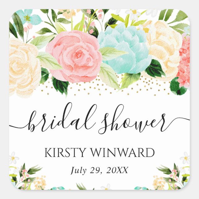 Sticker Carré Fête de mariage avec fleurs roses et mignonnes aqu (Devant)