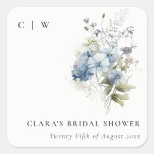 Sticker Carré Fête de mariage Dusky Blue Watercolor Cottage Flor