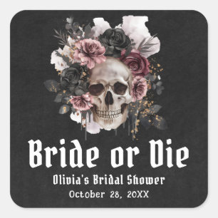 Sticker Carré Fête de mariage Halloween Fleur de crâne «Bride or