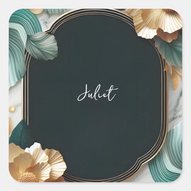 Sticker Carré Fête de mariage Monstera Vert Emeraude et Or (Devant)