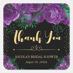 Sticker Carré Fête de mariage Roses Glam Or Violet Aquarelle