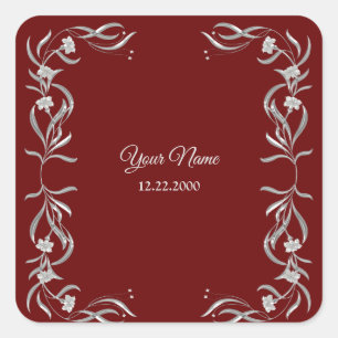 Sticker Carré Fête de mariage rouge motif floral argenté vintage