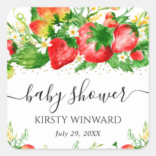 Sticker Carré Fête de naissance aux fraises et fleurs à l'aquare
