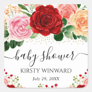 Sticker Carré Fête de naissance aux roses aquarelles rouges et j