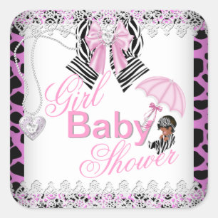 Sticker Carré Fête de naissance bébé fille rose Zèbre Afro-Améri