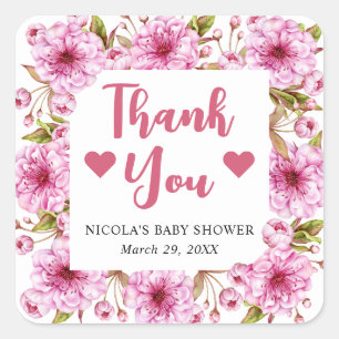 Sticker Carré Fête de naissance bébé Fleur de cerisier rose aqua