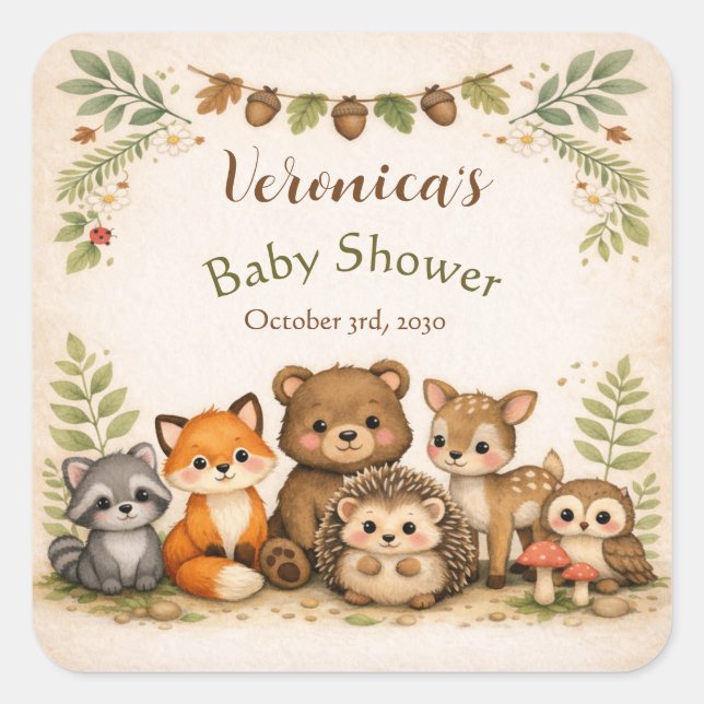 Sticker Carré Fête de naissance d'animaux de la forêt (Devant)