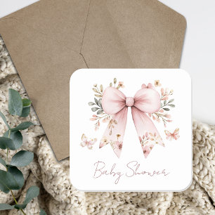 Sticker Carré Fête de Naissance Fille Ruban Floral Rose Élégant
