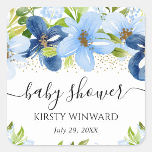 Sticker Carré Fête de Naissance Fleurs d'Été Bleu Aquarelle Bébé