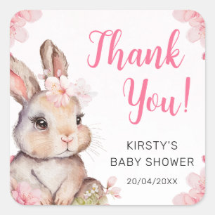 Sticker Carré Fête de Naissance Lapin Fleurs de Cerisier Aquarel