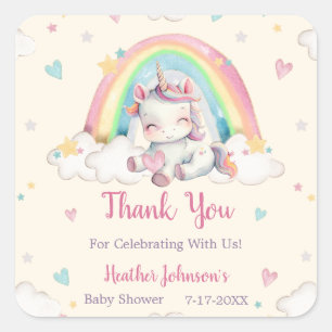 Sticker Carré Fête de Naissance Licorne Arc-en-Ciel Pastel