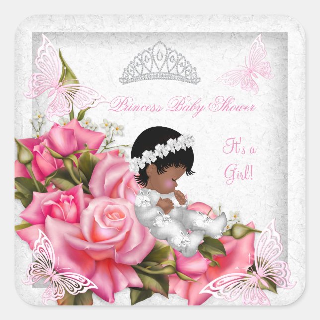 Sticker Carré Fête de naissance Princesse Bébé Fille Papillon Ro (Devant)