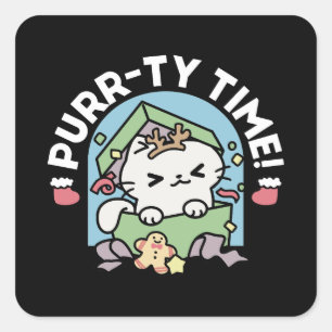 Sticker Carré Fête de Noël avec Purr-ty Time Cat