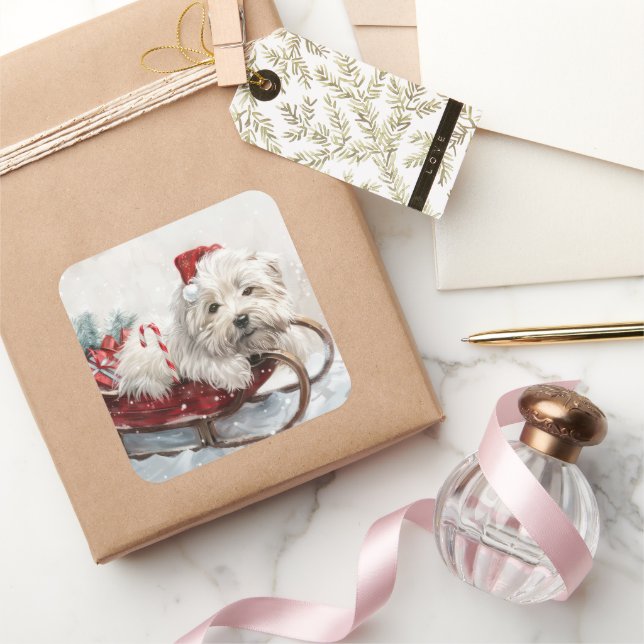Sticker Carré Fête de Noël de Chien de Coton De Tulear (Cadeaux)
