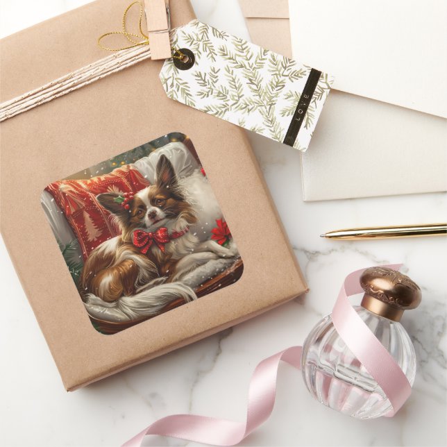 Sticker Carré Fête de Noël de chien de Papillon (Cadeaux)