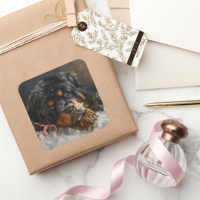 Sticker Carré Fête de Noël du chien Mastiff Tibétain (Cadeaux)