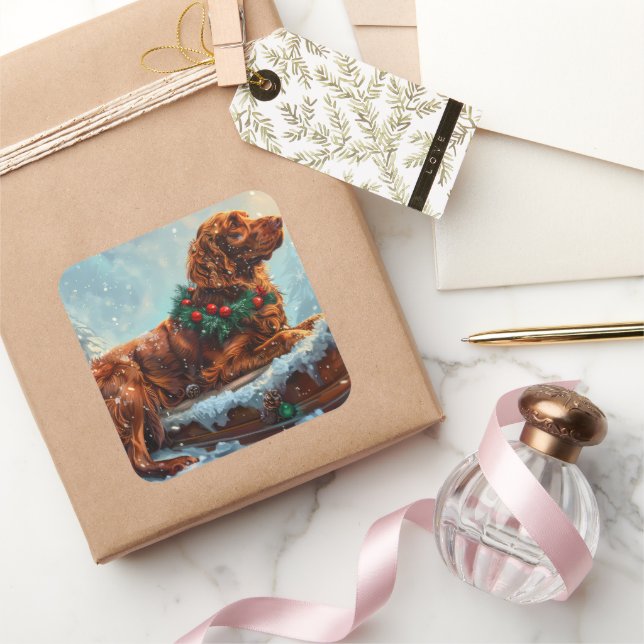 Sticker Carré Fête de Noël du chien roux irlandais (Cadeaux)