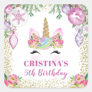 Sticker Carré Fête de Noël rose et florale Unicorn Party Favor