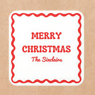 Sticker Carré Fête de Noël rouge moderne Wavy Border