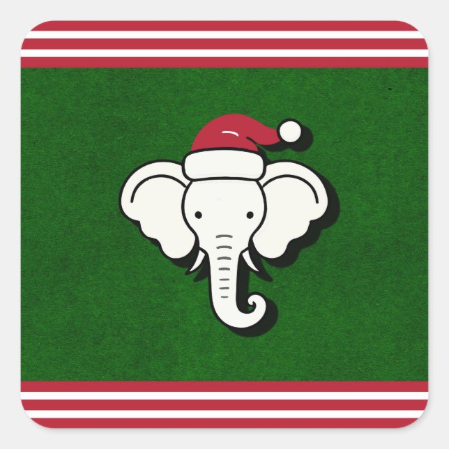 Sticker Carré Fête de Noël Rouge & Vert Blanc Eléphant Cadeau (Devant)