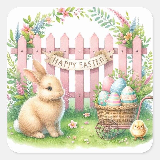 Sticker Carré Fête de Pâques avec lapin et poussin (Devant)