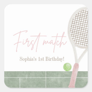 Sticker Carré Fête de première année de tennis rose Préclassic
