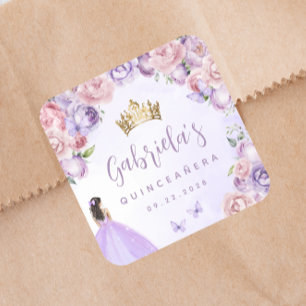 Sticker Carré Fête de Quinceañera aux fleurs de teinte pourpre