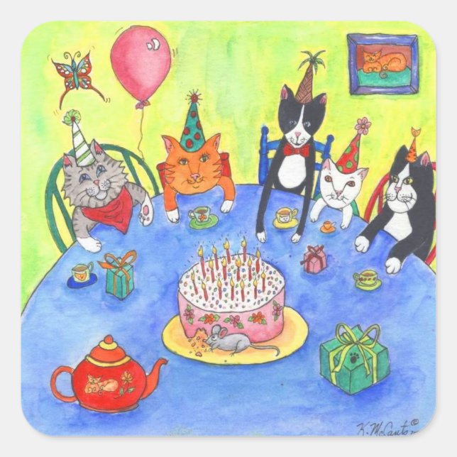 Sticker Carré Fête des chats ! Chats-chats d'anniversaire amusan (Devant)