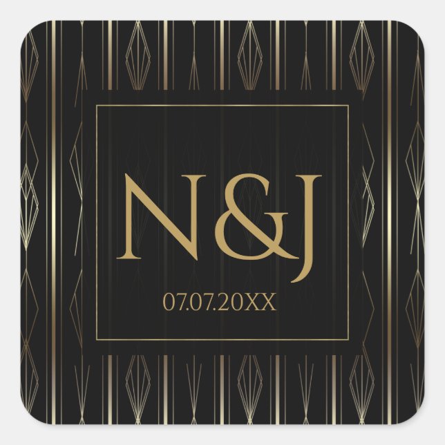 Sticker Carré Fête des mariées Art déco noir & or (Devant)