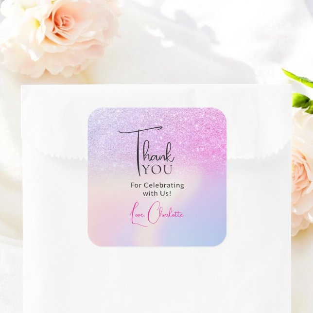Sticker Carré Fête des mariées de Parties scintillant rose viole (Pink Purple Glitter Bridal Shower Favor Thank You Square Sticker)