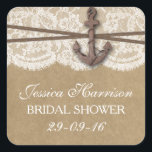 Sticker Carré Fête des mariées de plage d'Ancres nautiques rusti<br><div class="desc">Ces autocollants de douche nuptiale de plage d'ancre nautique rustique seront l'accessoire parfait pour toute future mariée! Le design est composé d'un arrière - plan rustique à effet kraft avec une finition vintage romantique à effet de dentelle blanche, finie par une étonnante ancre nautique et une ficelle. Ces autocollants peuvent...</div>